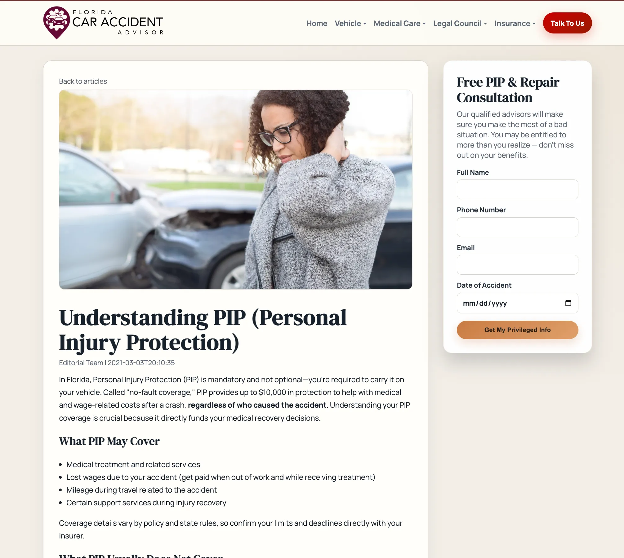 Florida Car Accident Advisor educational article screenshot