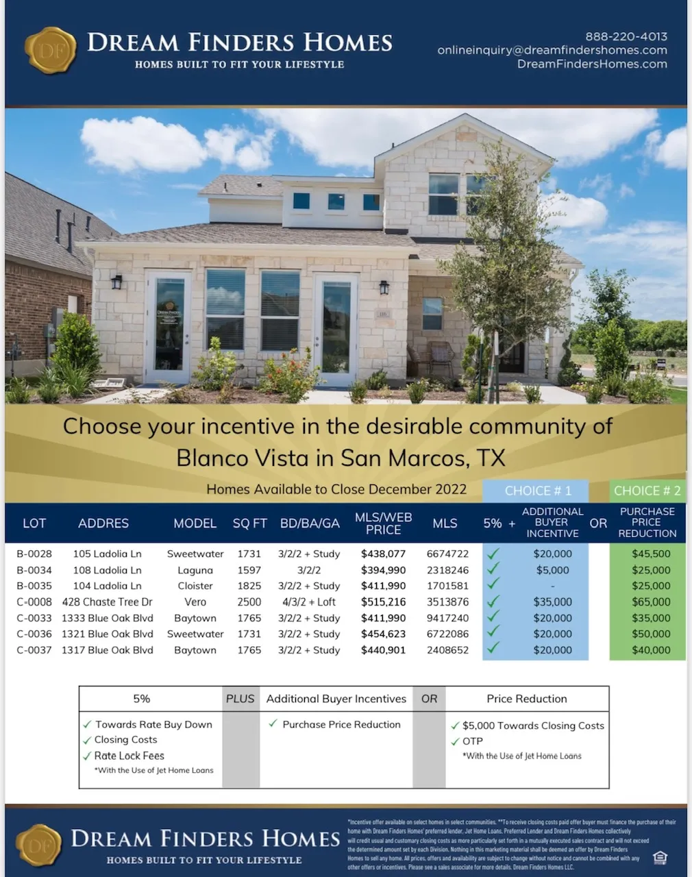 Blanco Vista sales flyer with a home photograph and a comparison table of buyer incentives.
