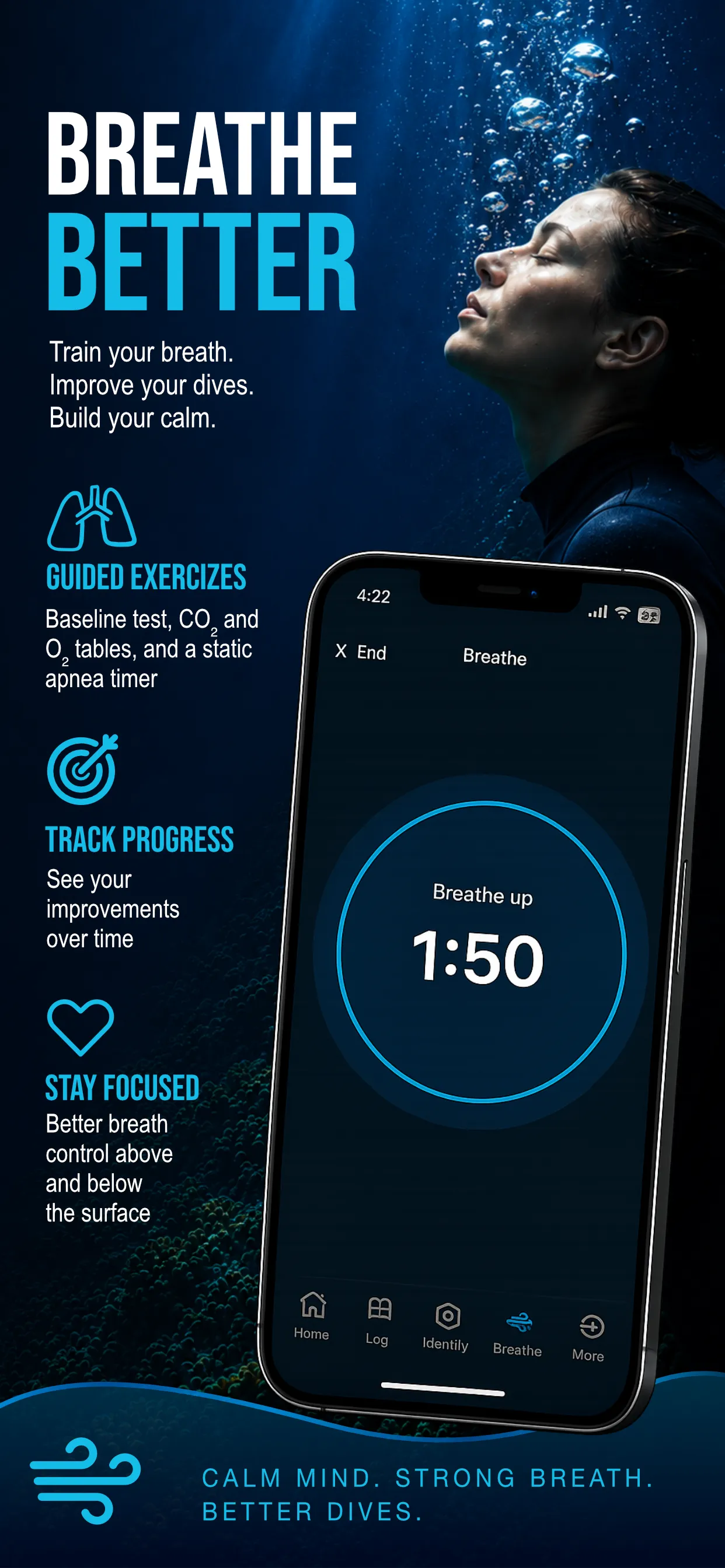 AquaLog breathing-feature promotional design with underwater imagery and a timer interface.
