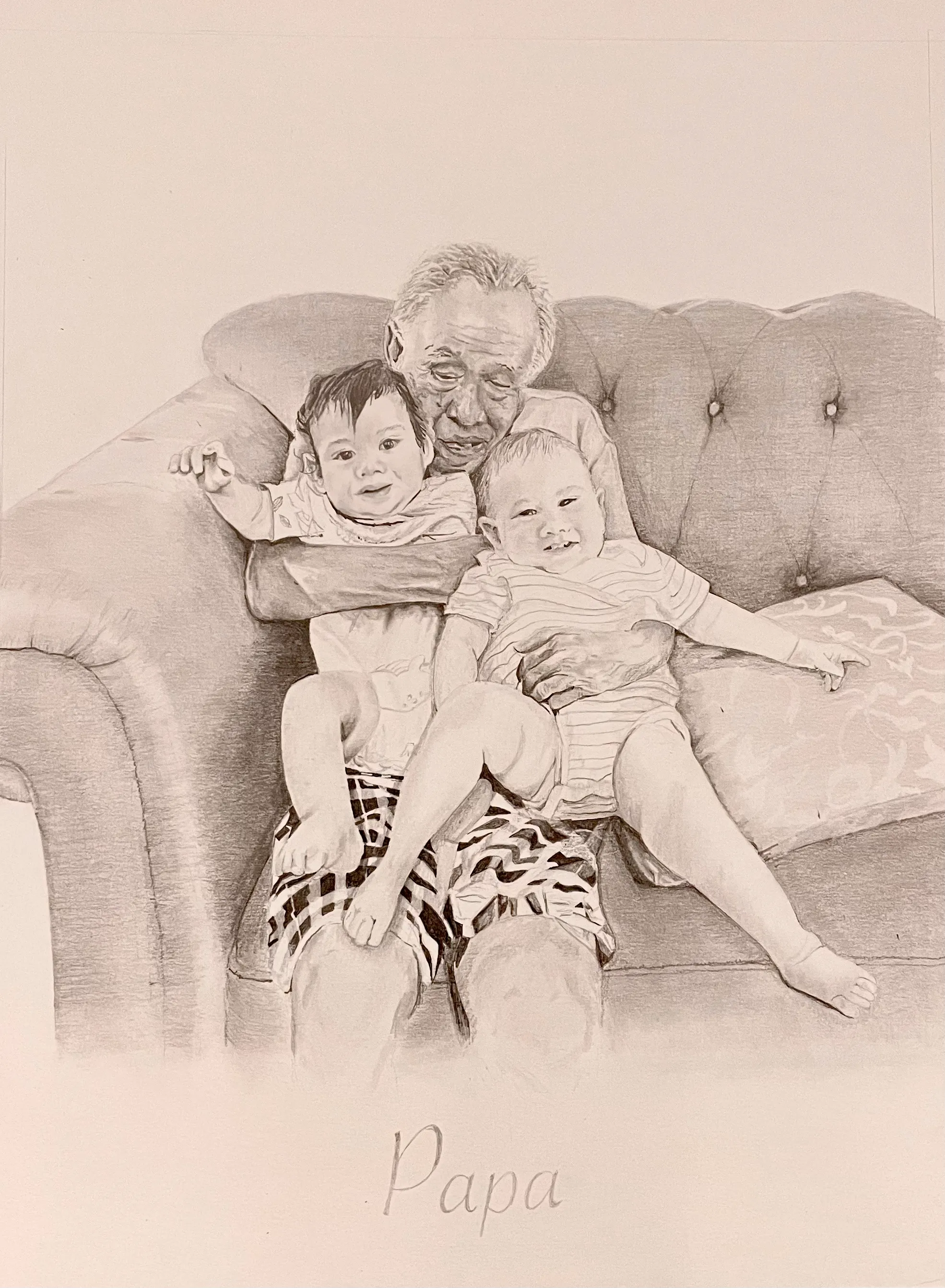 My drawing of an older man seated with two young children.