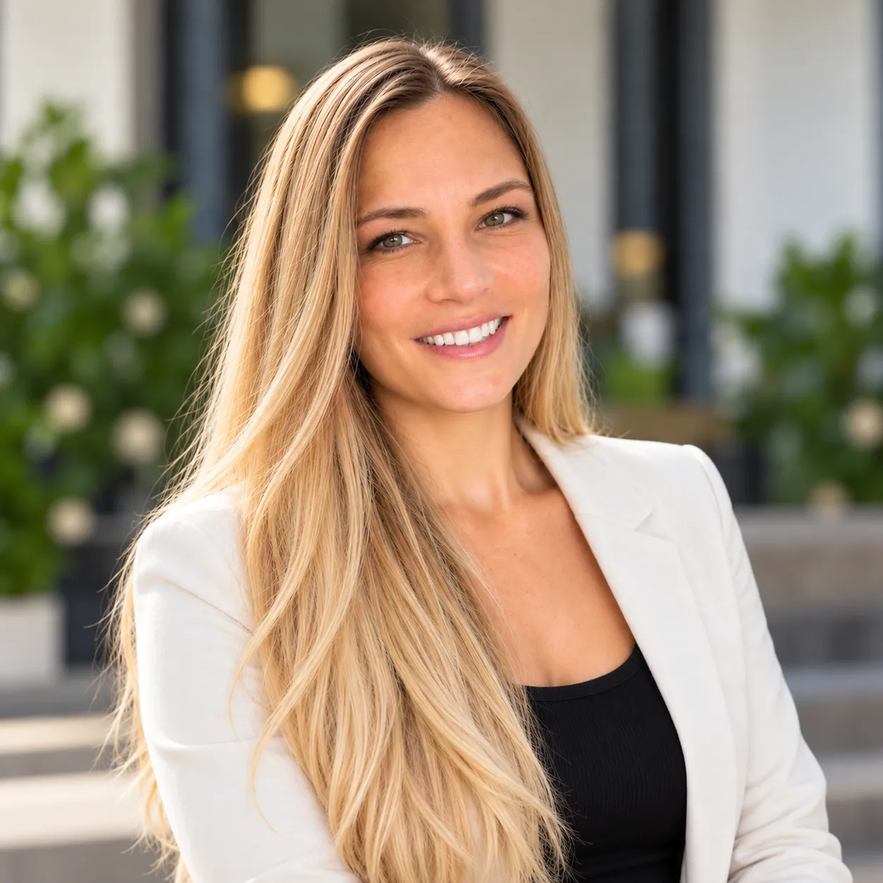 Cynthia Simmonds smiling in a white blazer