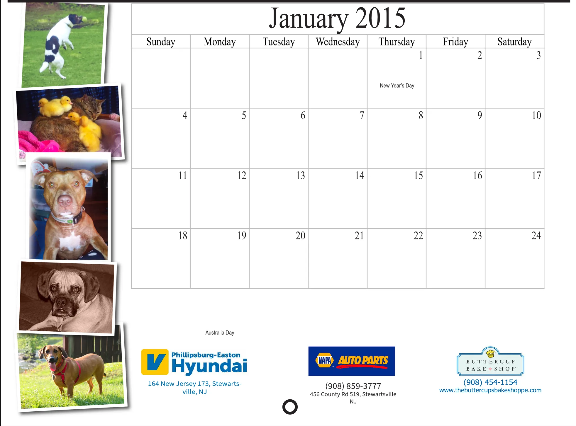 January 2015 calendar with pets and local sponsors