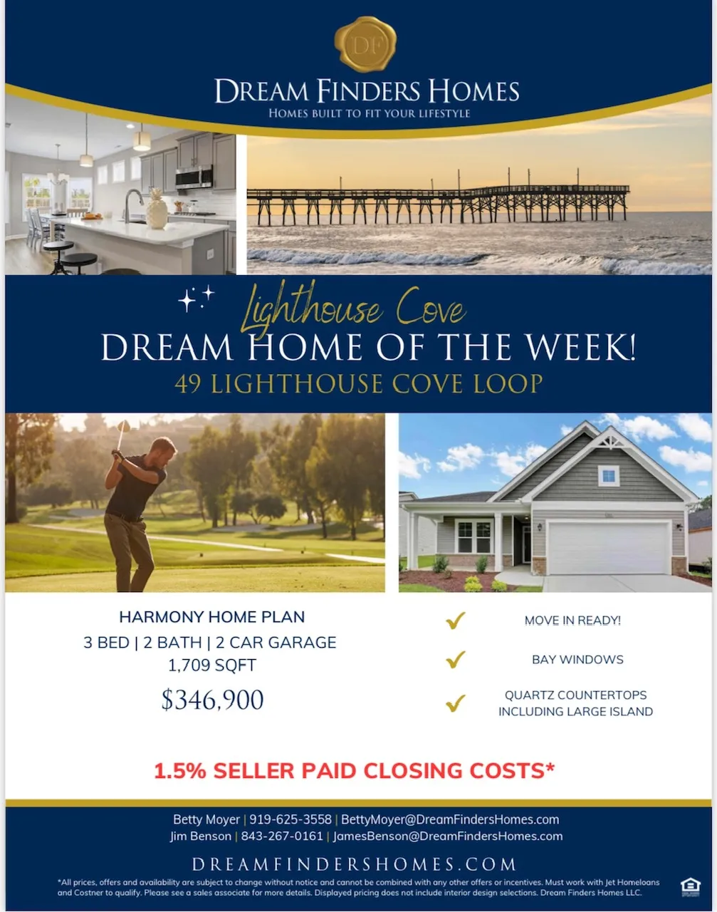 Lighthouse Cove home promotion with coastal and golf imagery, exterior photography, and home details.