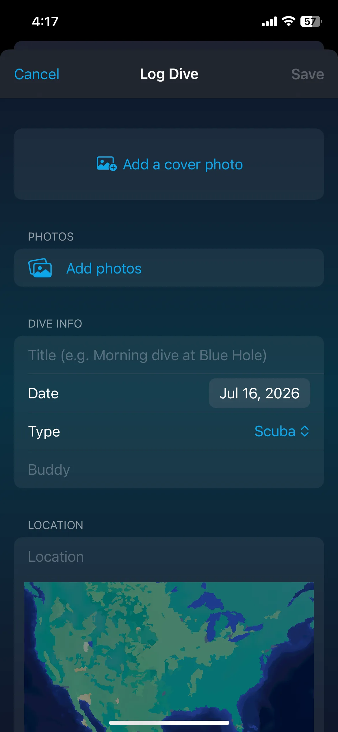 AquaLog Log Dive interface with photo, dive information, and location sections.