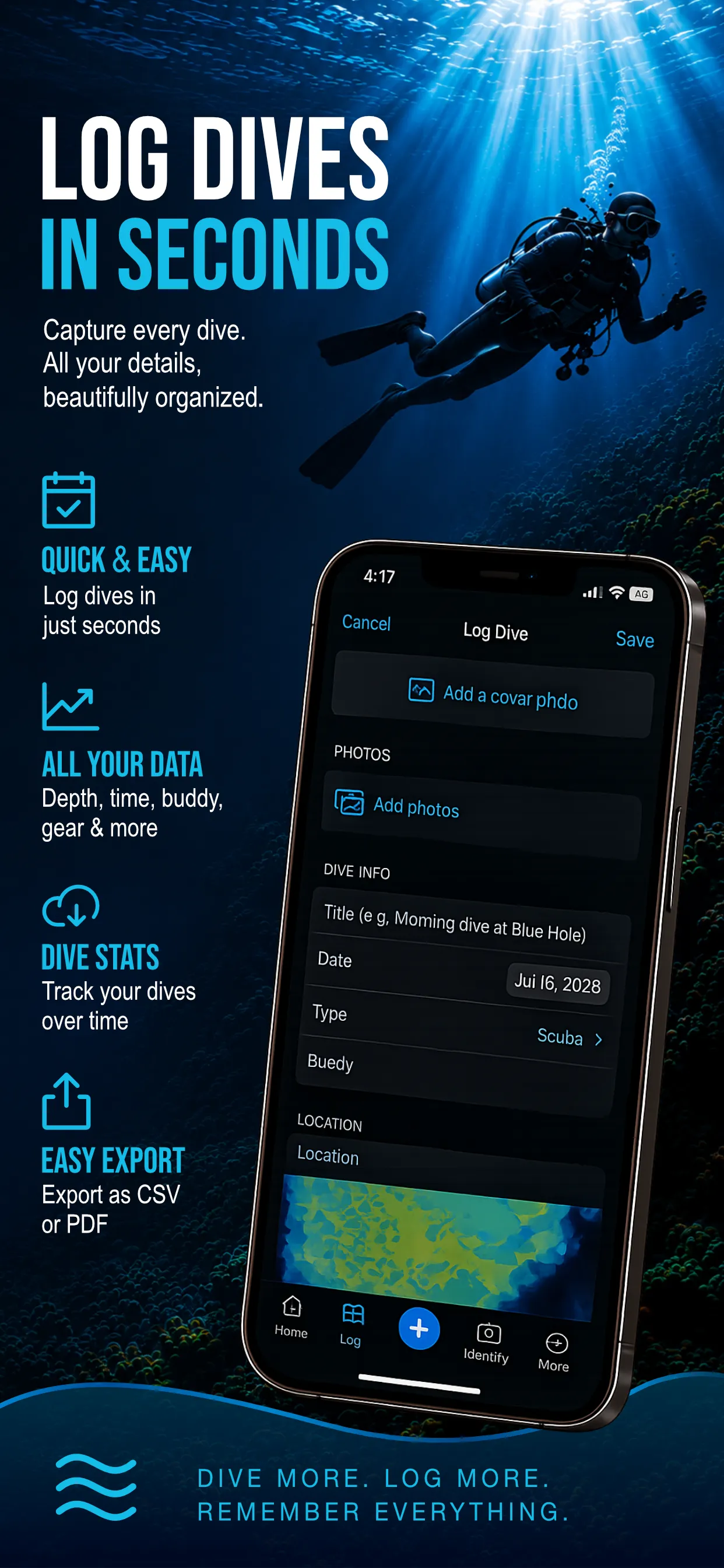 AquaLog dive-logging promotional design with underwater imagery and a phone mockup.