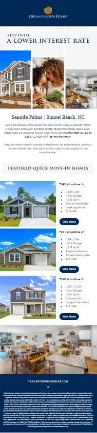 Seaside Palms eblast with lifestyle imagery, featured homes, and interior photography.