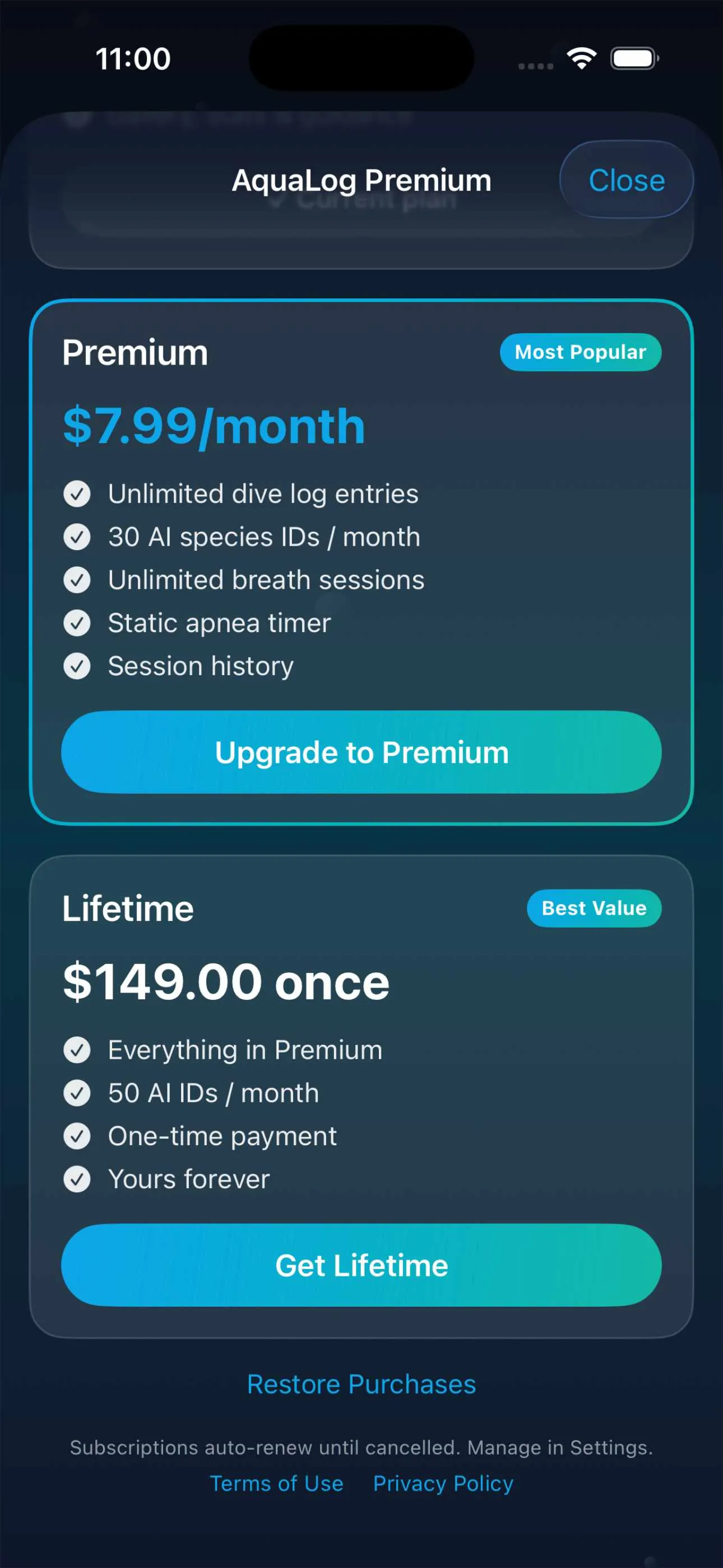 AquaLog subscription-options design showing premium and lifetime plan treatments.